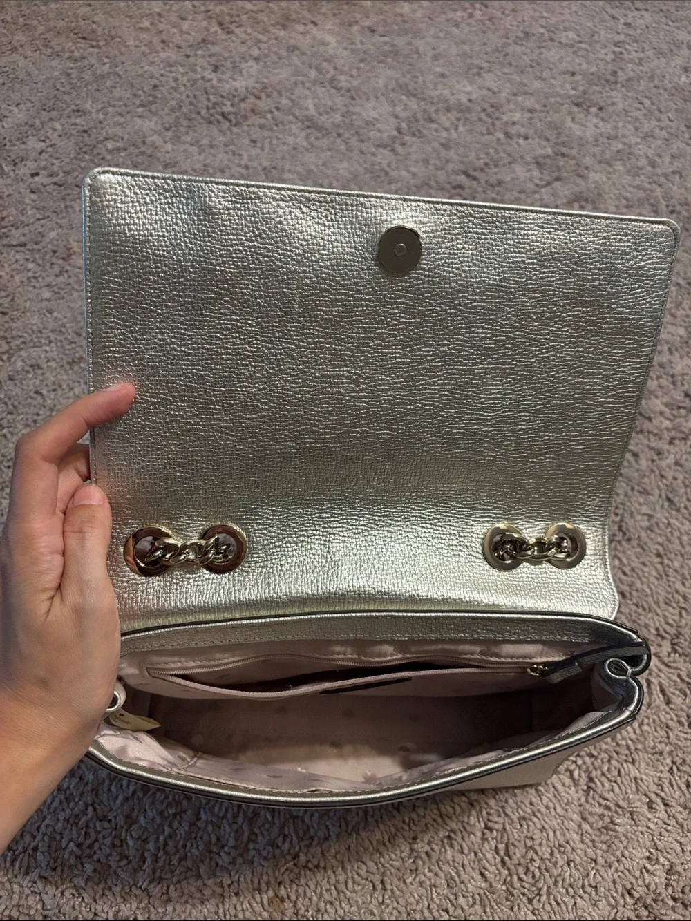 kate spade Metallic Silver Pebbled Leather Chain Shoulder Bag